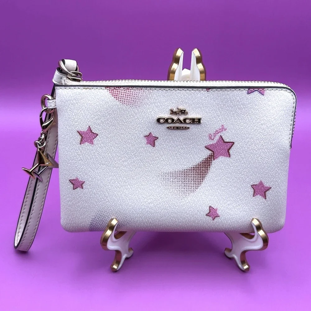 Coach Corner Zip Wristlet White Pink Shooting Star Celestial Martini Charm - Picture 2 of 15